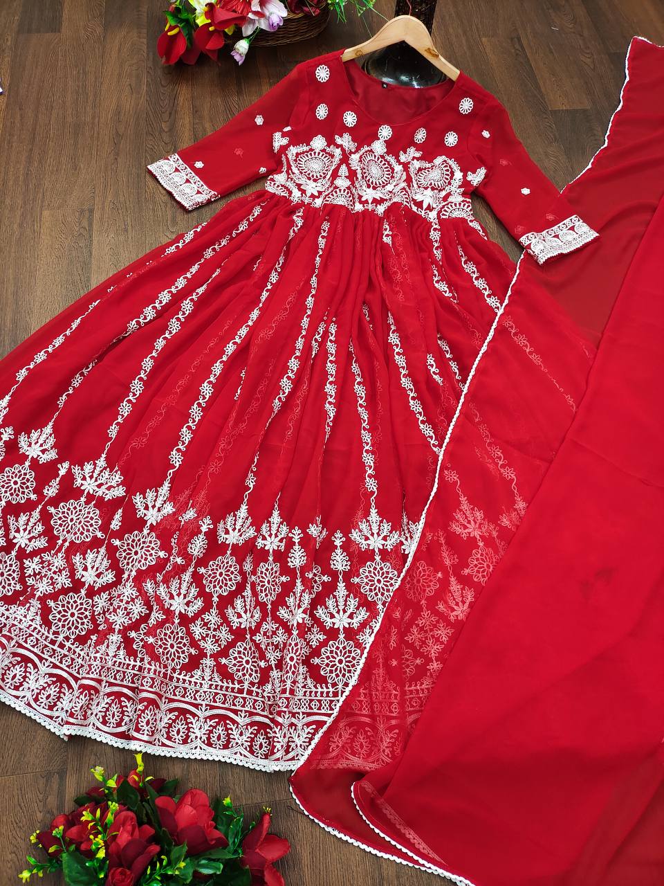 Marvelous Red Color Embroidery Work Gown