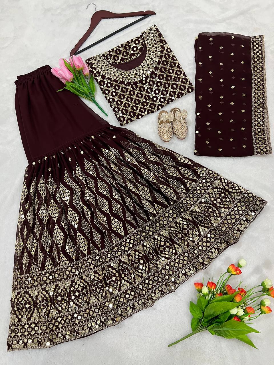 Heavy Sequence Brown Color Shining Sharara Suit