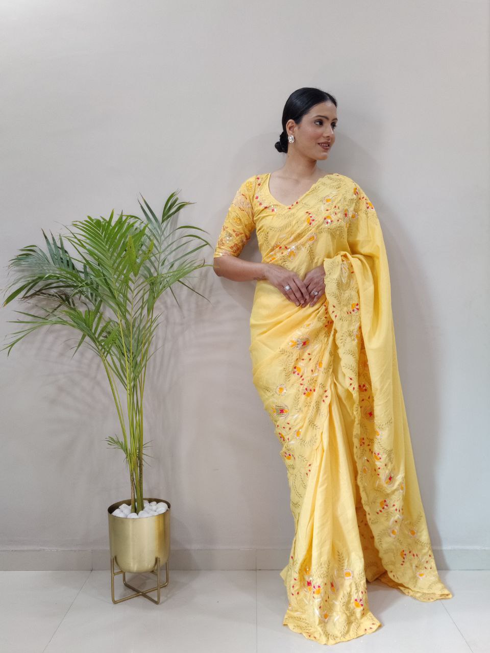 Stylish Yellow Color Dola Silk Ready To Wear Saree