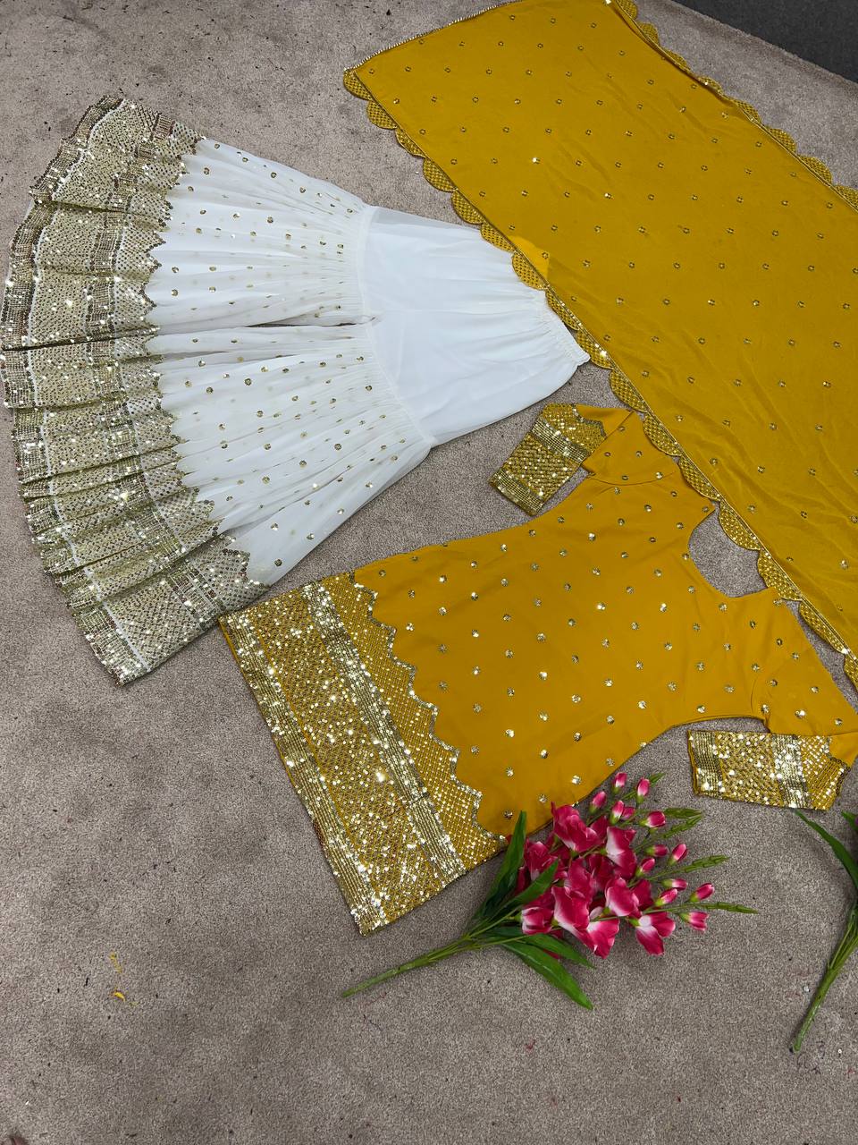 Attractive Yellow Color Embroidery Work Sharara Suit