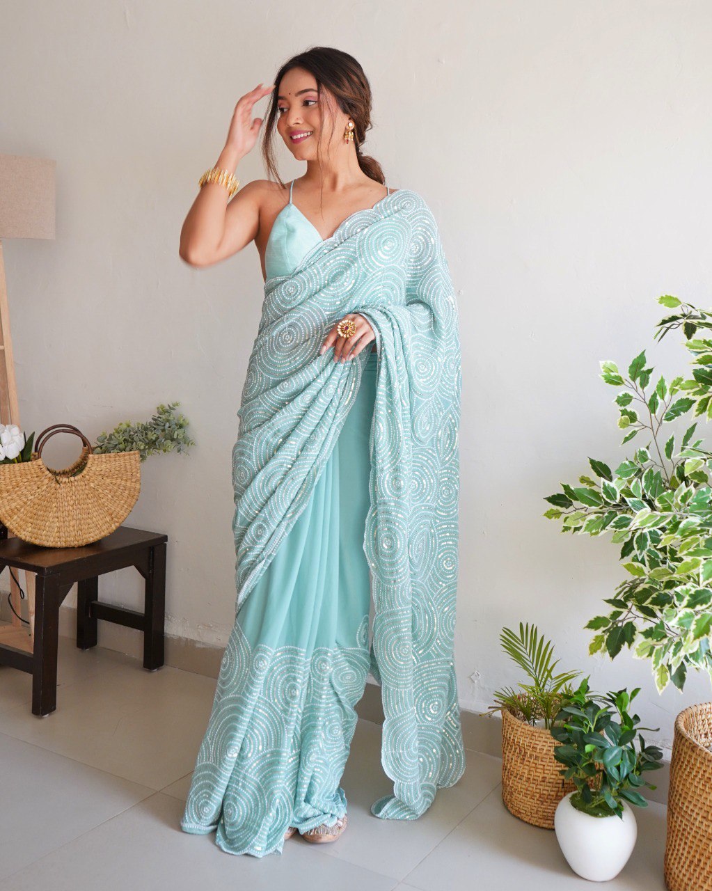 Sky Blue Color Embroidered Work Glittering Saree