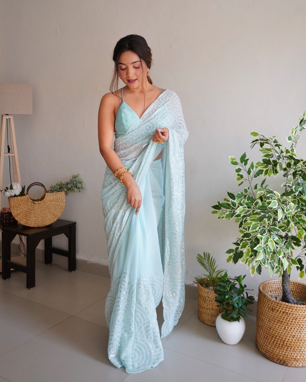 Sky Blue Color Embroidered Work Glittering Saree