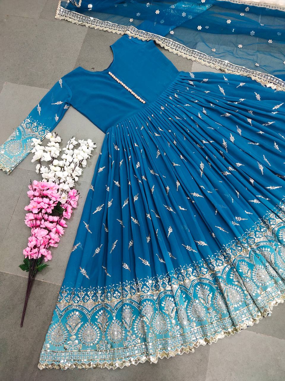 Pretty Blue Color Embroidery And Sequence Work Gown