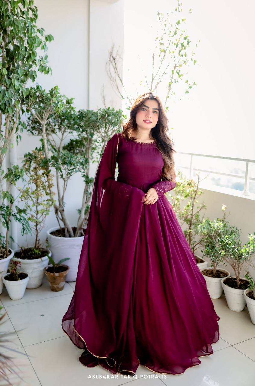 Terrific Wine Color Embroidery Work Gown
