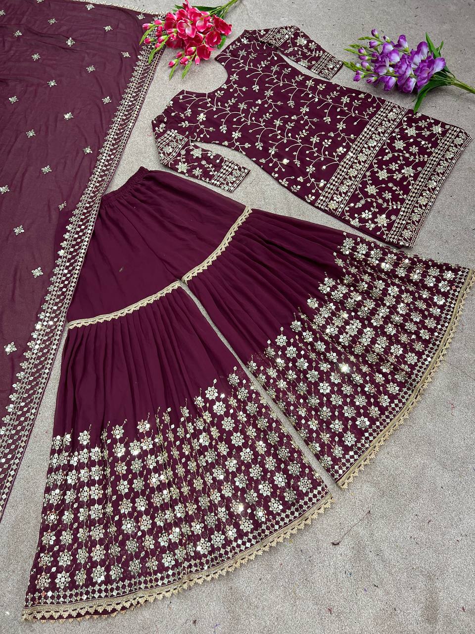 Outstanding Wine Color Embroidery Sequence Work Sharara Suit