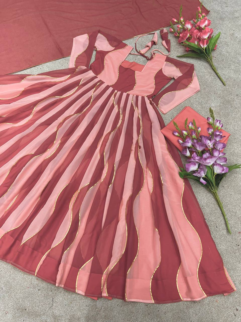 Glossy Peach Color Digital Print Gown