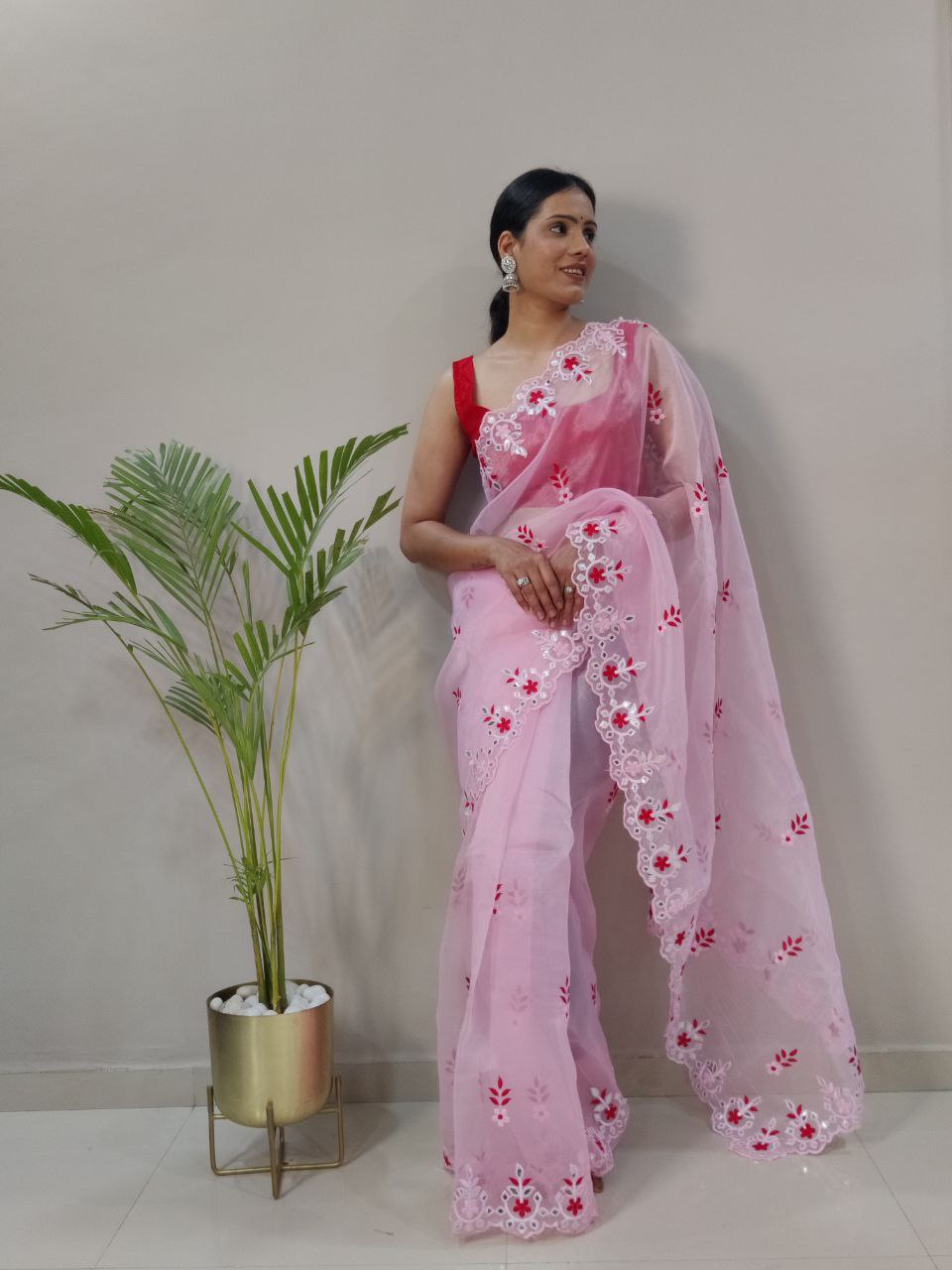 Gorgeous Pink Color Embroidery Work Saree