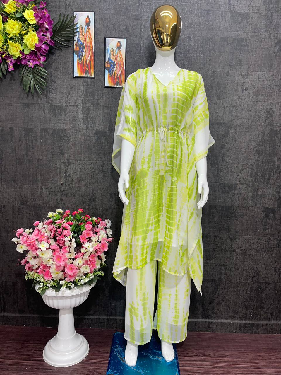 Fancy Parrot Green Color Digital Printed Kaftan With Palazzo