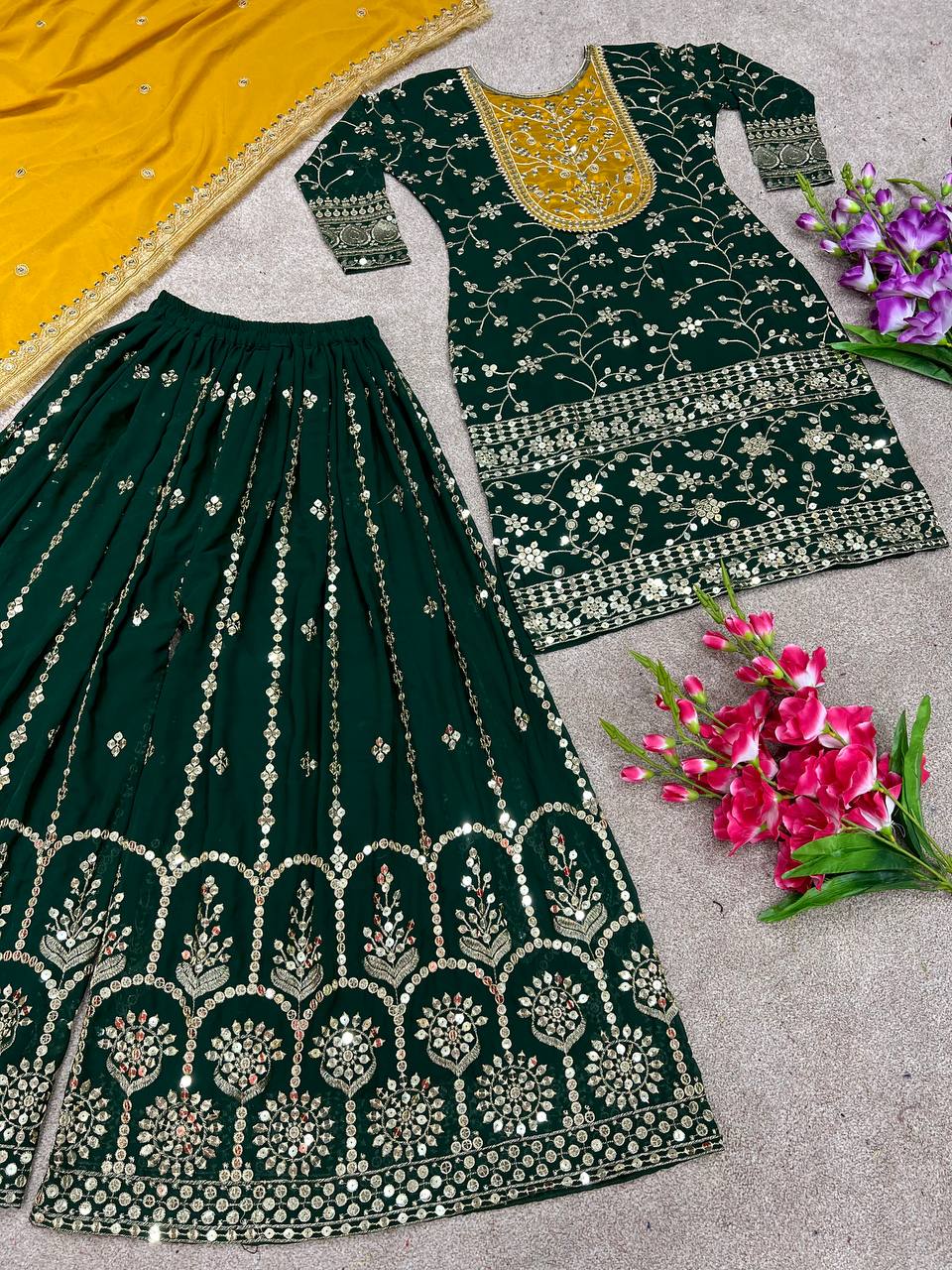 Occasion wear Green Color Sequence Work Sharara Suit