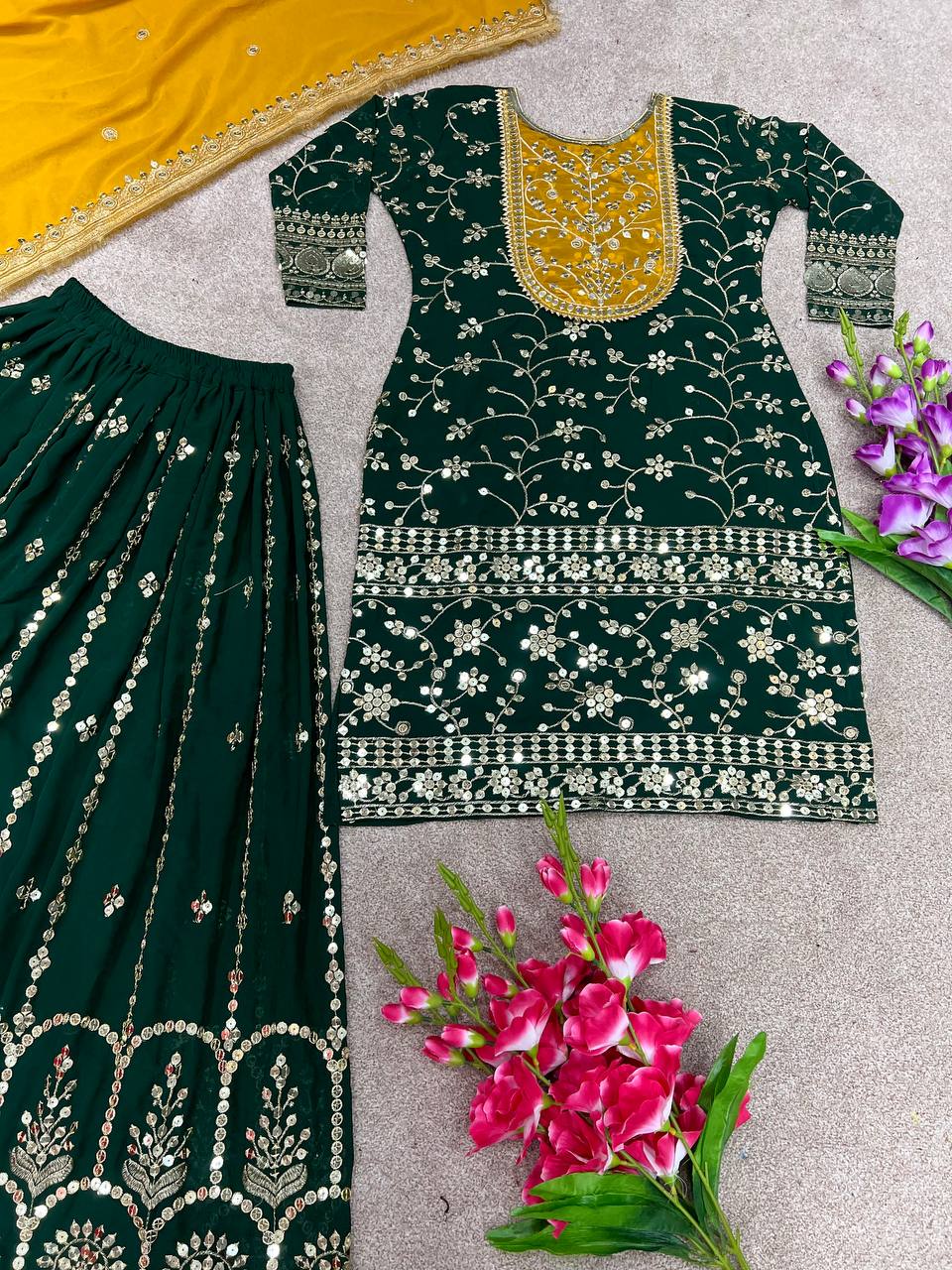 Occasion wear Green Color Sequence Work Sharara Suit