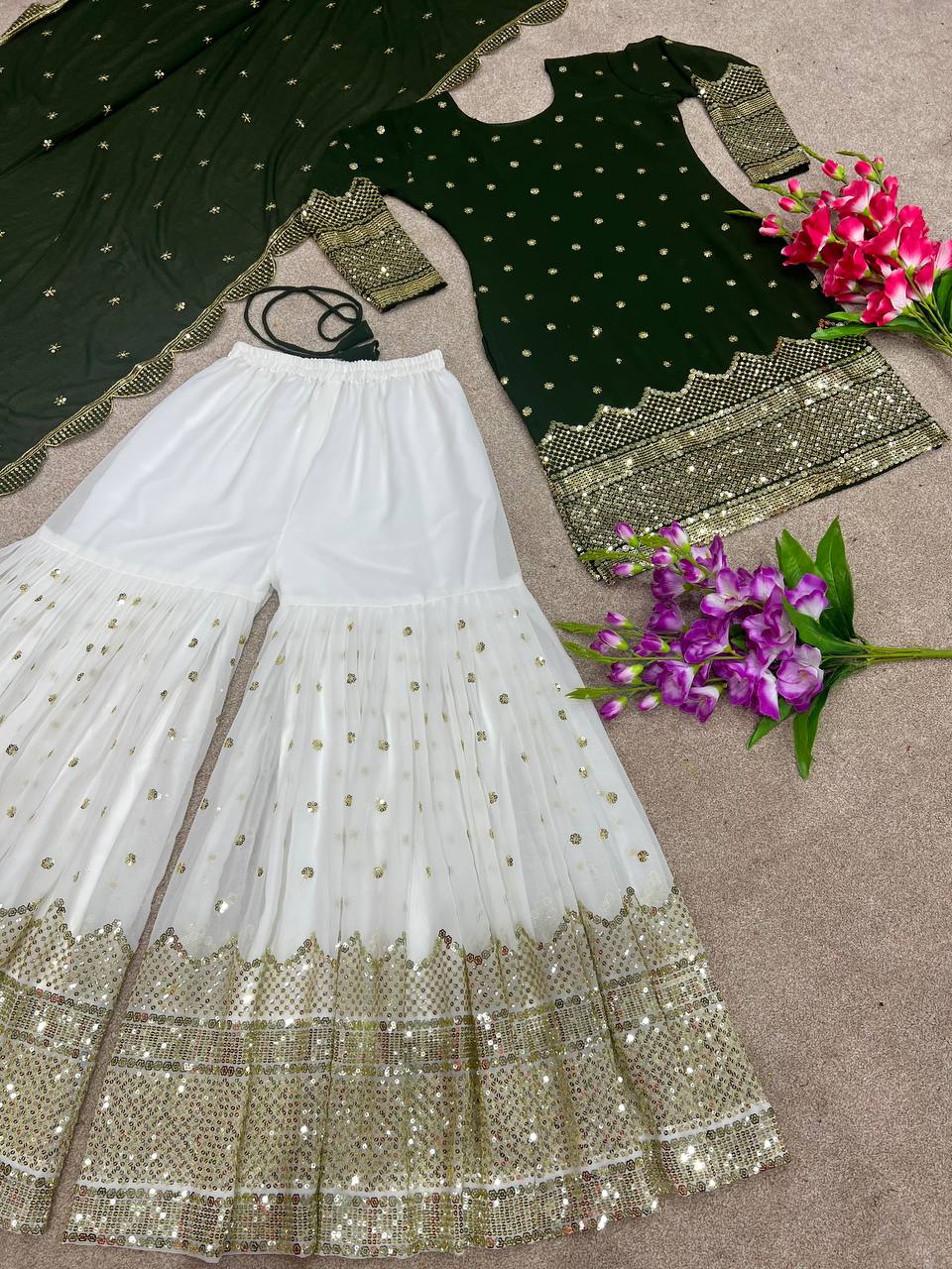 Exclusive Green Color Embroidery Work Sharara Suit