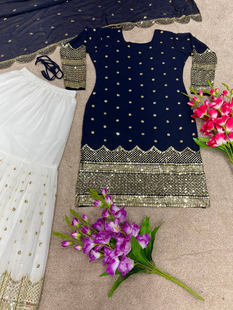 Exclusive Navy Blue Color Embroidery Work Sharara Suit