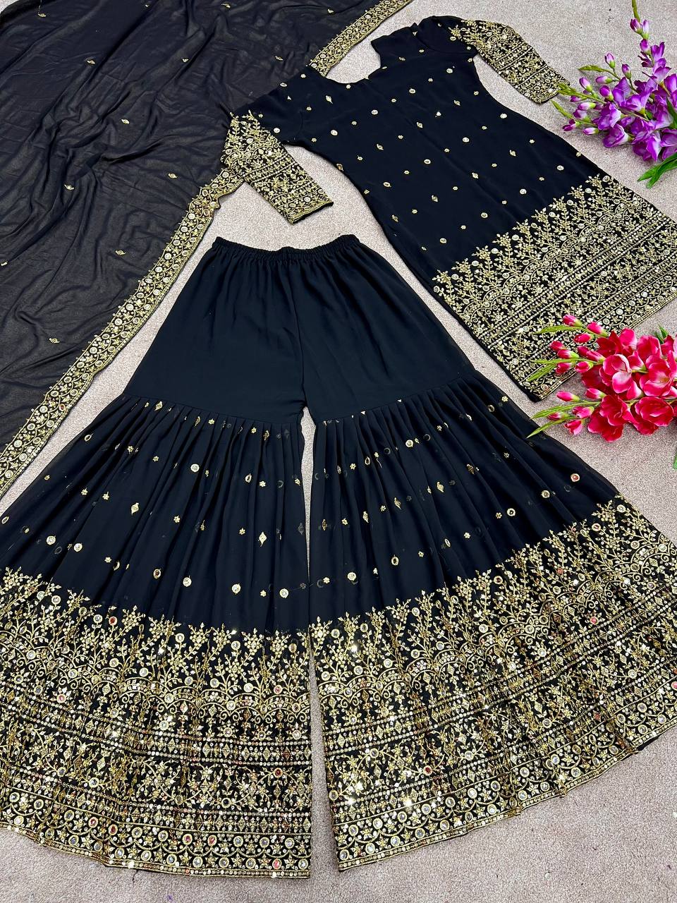 Pretty Black Color Embroidery And Sequence Work Sharara Suit
