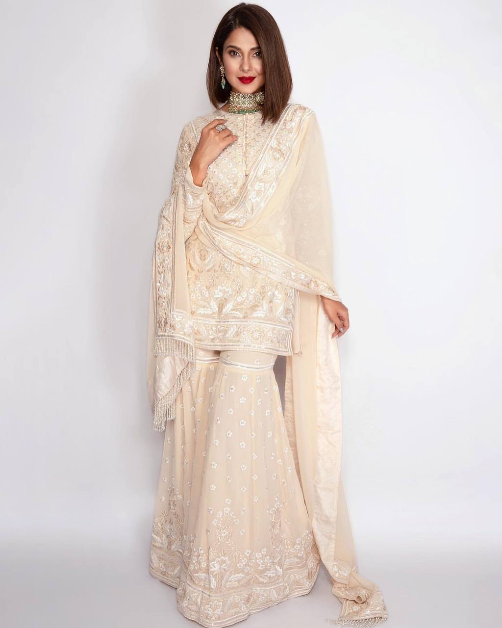 Exclusive Cream Color Sequences Work Sharara Suit