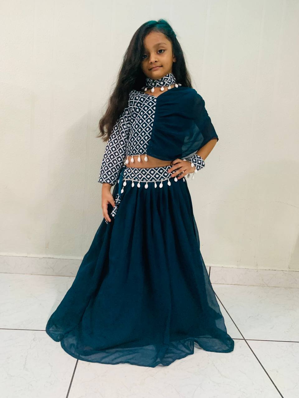 Fairy Look Teal Blue Color Baby Crop Top With Lehenga