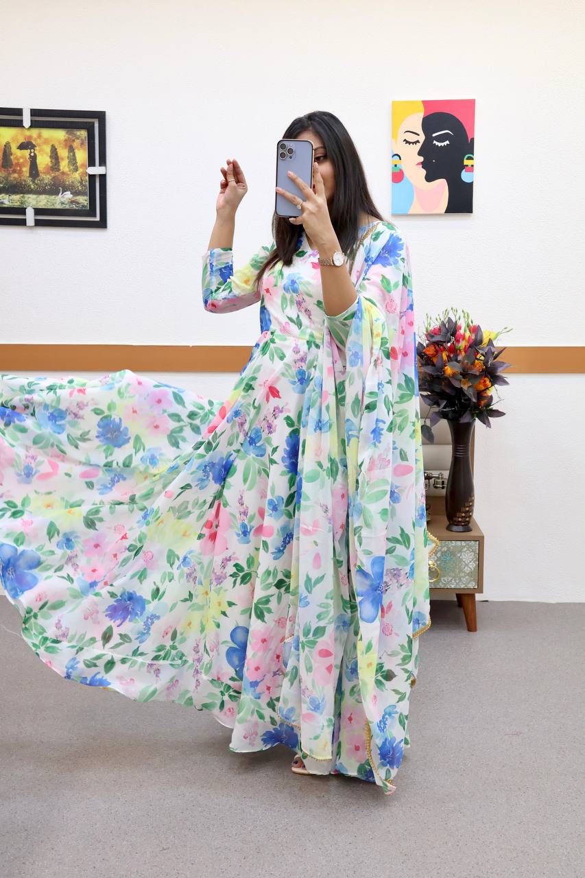 Yellow Premium Quality Organza Gown With Beautiful Flower Print & Duptta –  Sachisabya