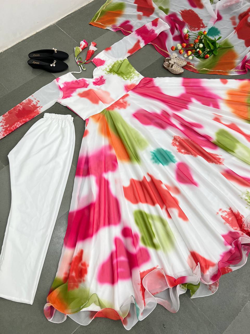 Exclusive White Color Shibori Anarkali Gown