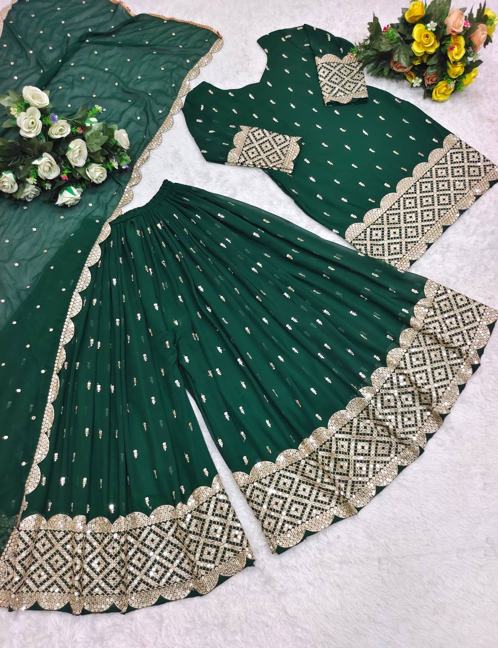 Wedding Wear Green Color Sequence Work Sharara Suit