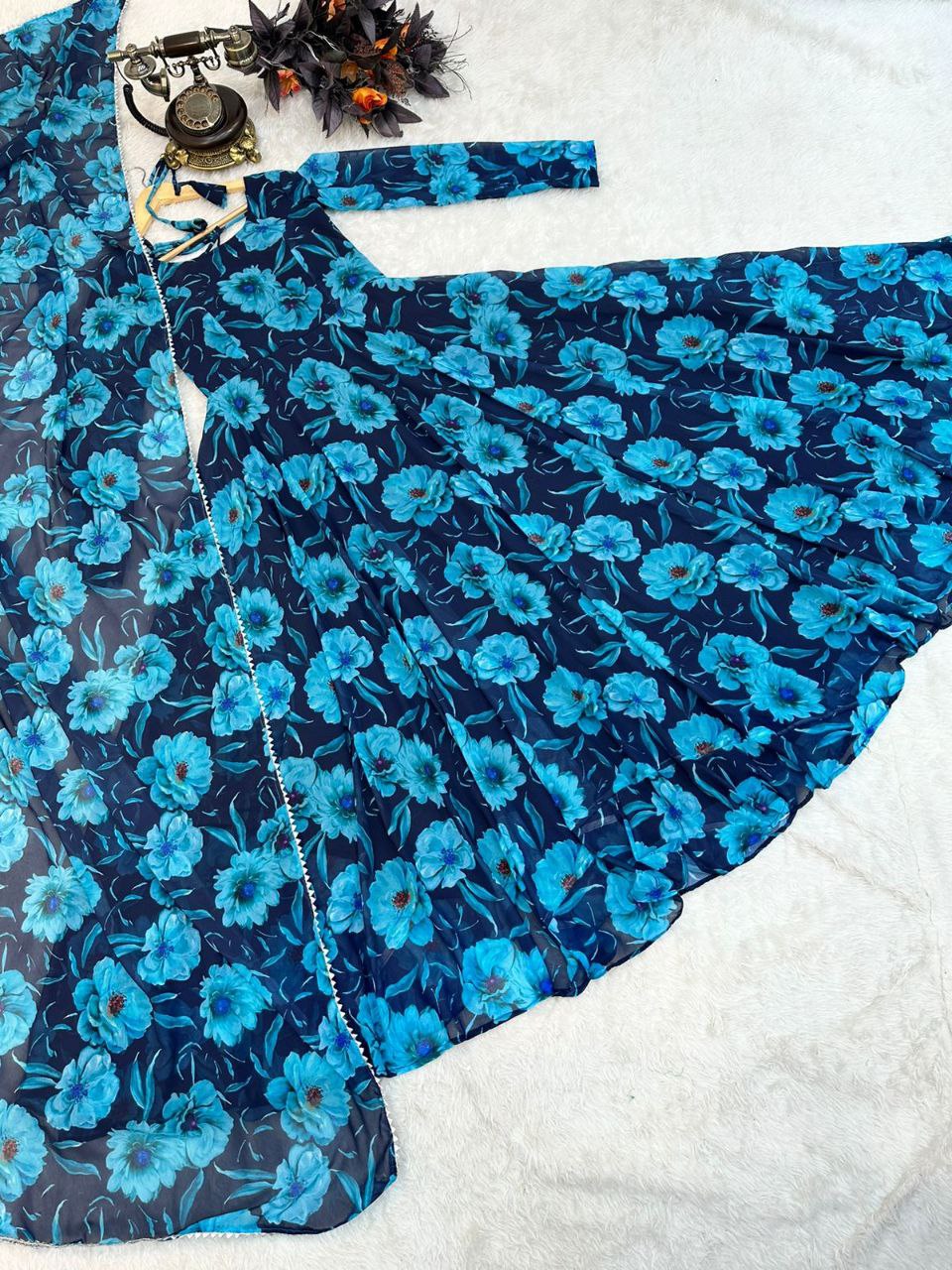 Festive Wear Blue Color Printed Gown