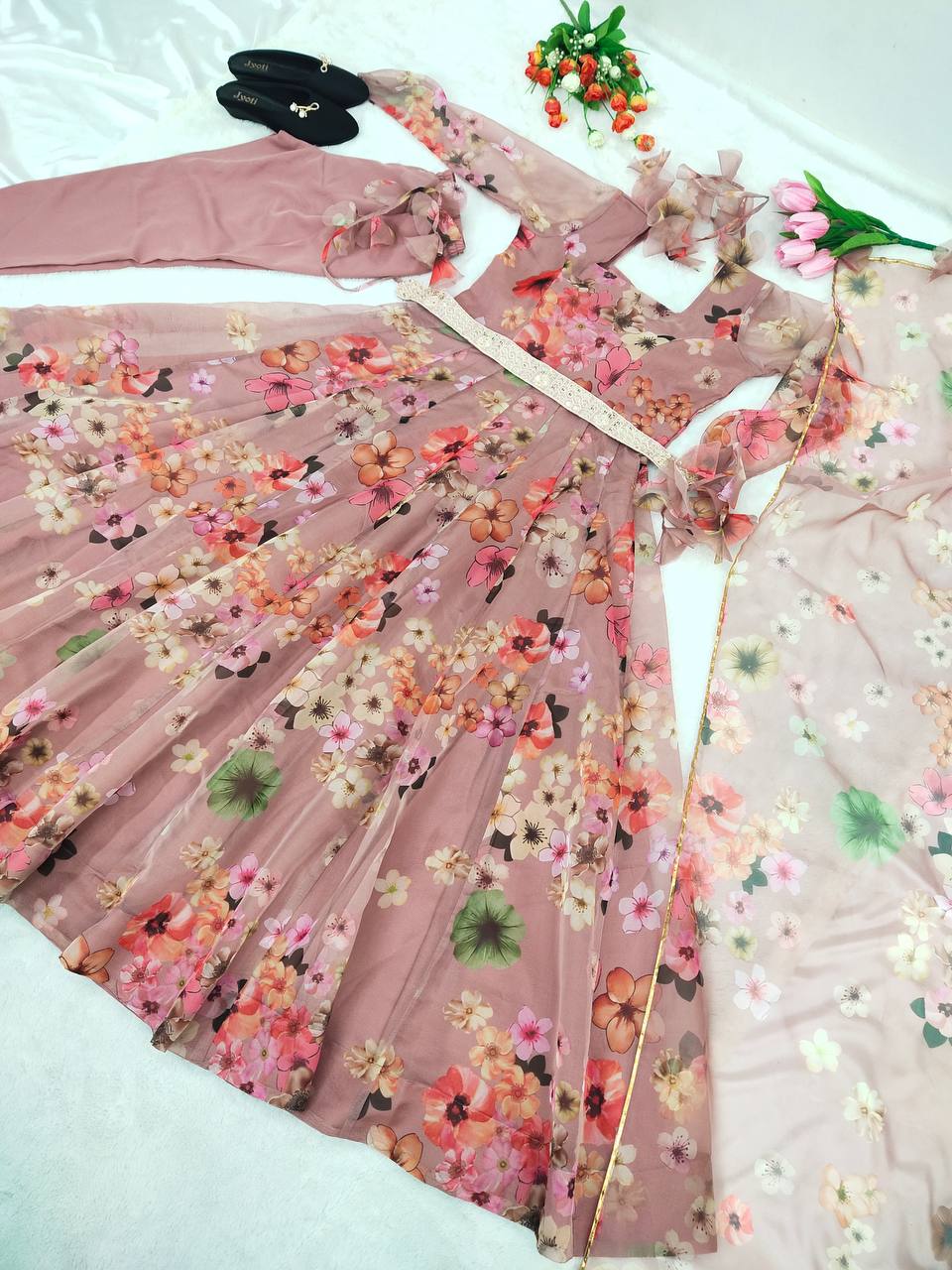 Fantastic Dusty Pink Color Organza Silk Digital Print Anarkali Gown