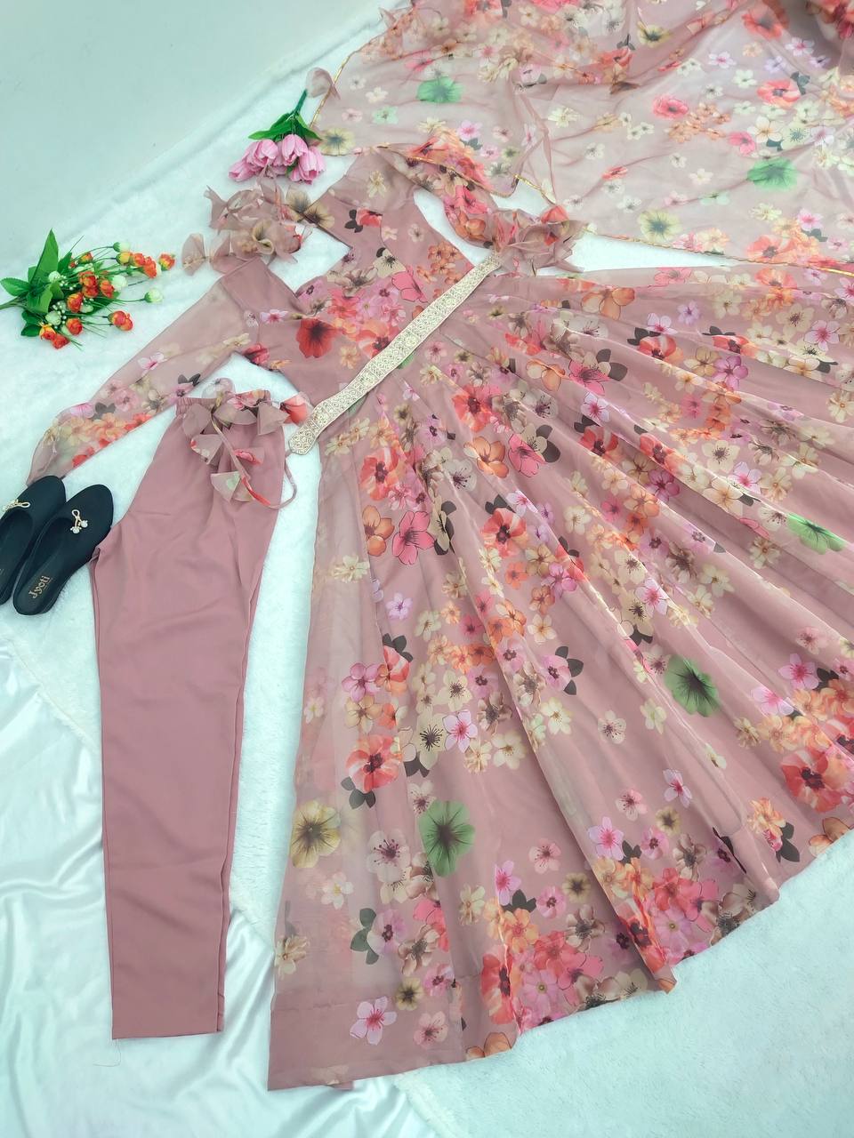 Fantastic Dusty Pink Color Organza Silk Digital Print Anarkali Gown