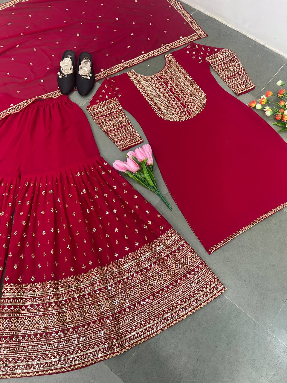 Luxuriant Dark Pink Color Sequence Work Sharara Suit