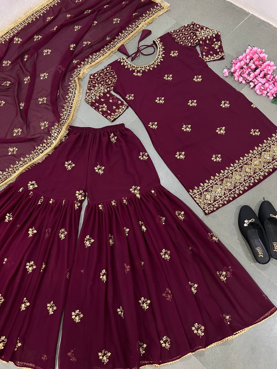 Embellished Wine Color Embroidery And Sequence Work Sharara Suit