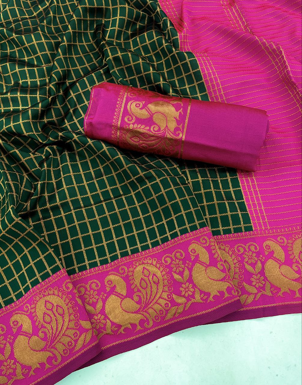Adorable Green With Pink Broder Golden Jari Work Saree