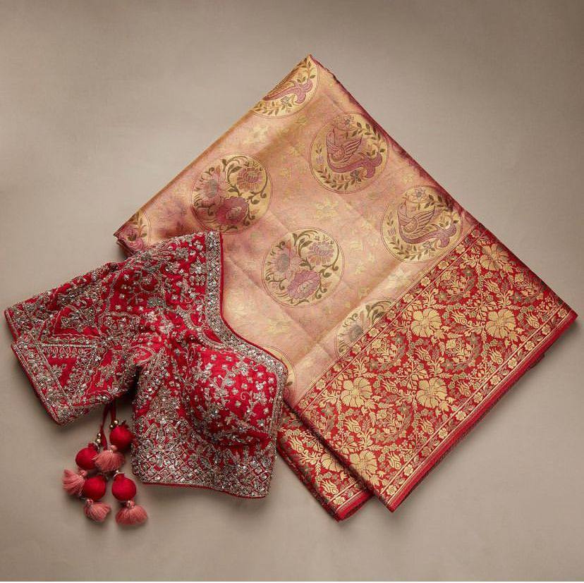 Fantastic Beige With Red Color Banarasi Silk Saree
