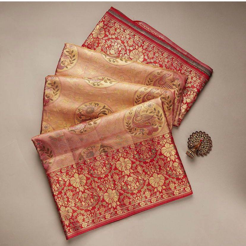 Fantastic Beige With Red Color Banarasi Silk Saree