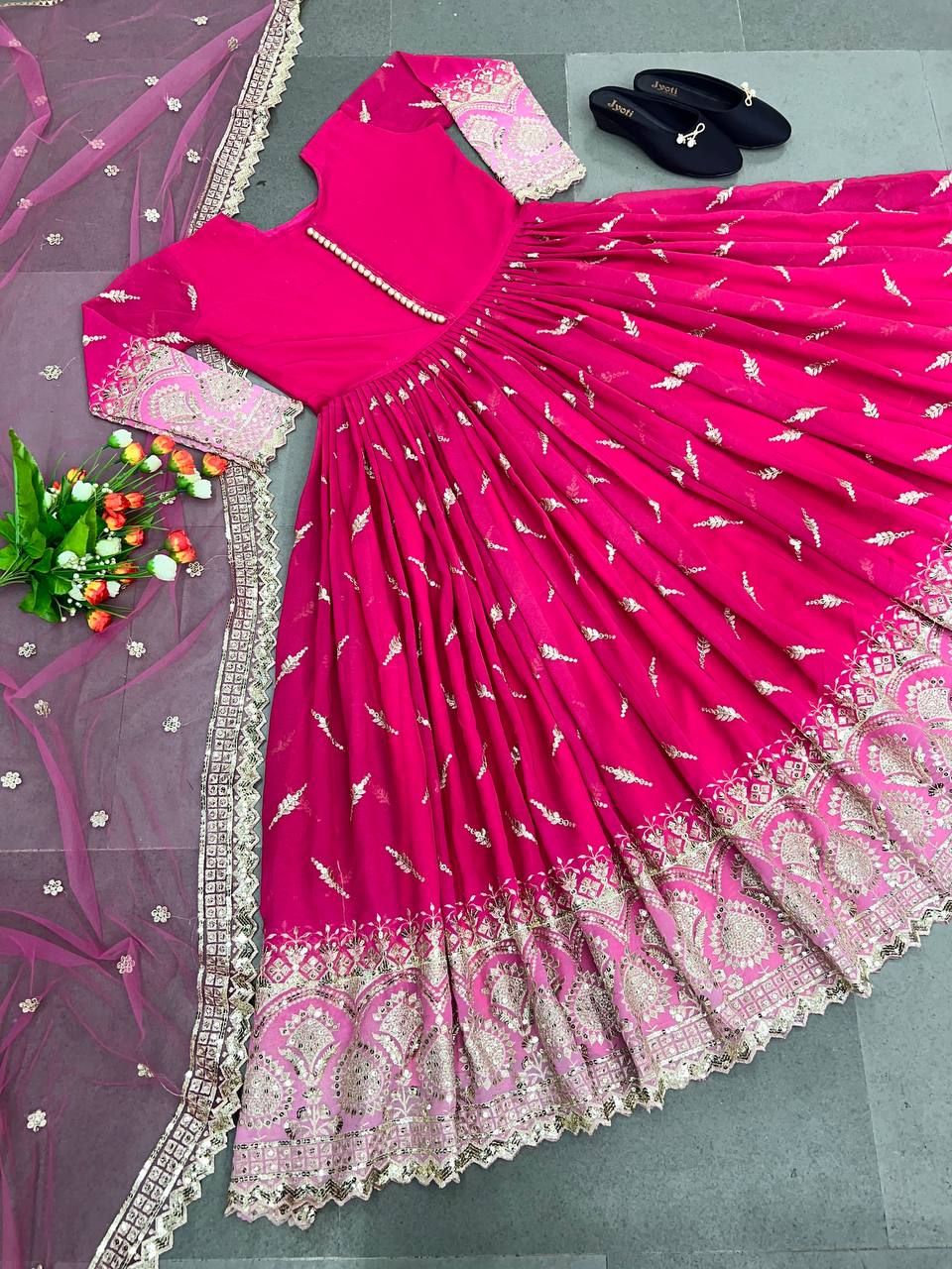 Pretty Dark Pink Color Embroidery And Sequence Work Gown