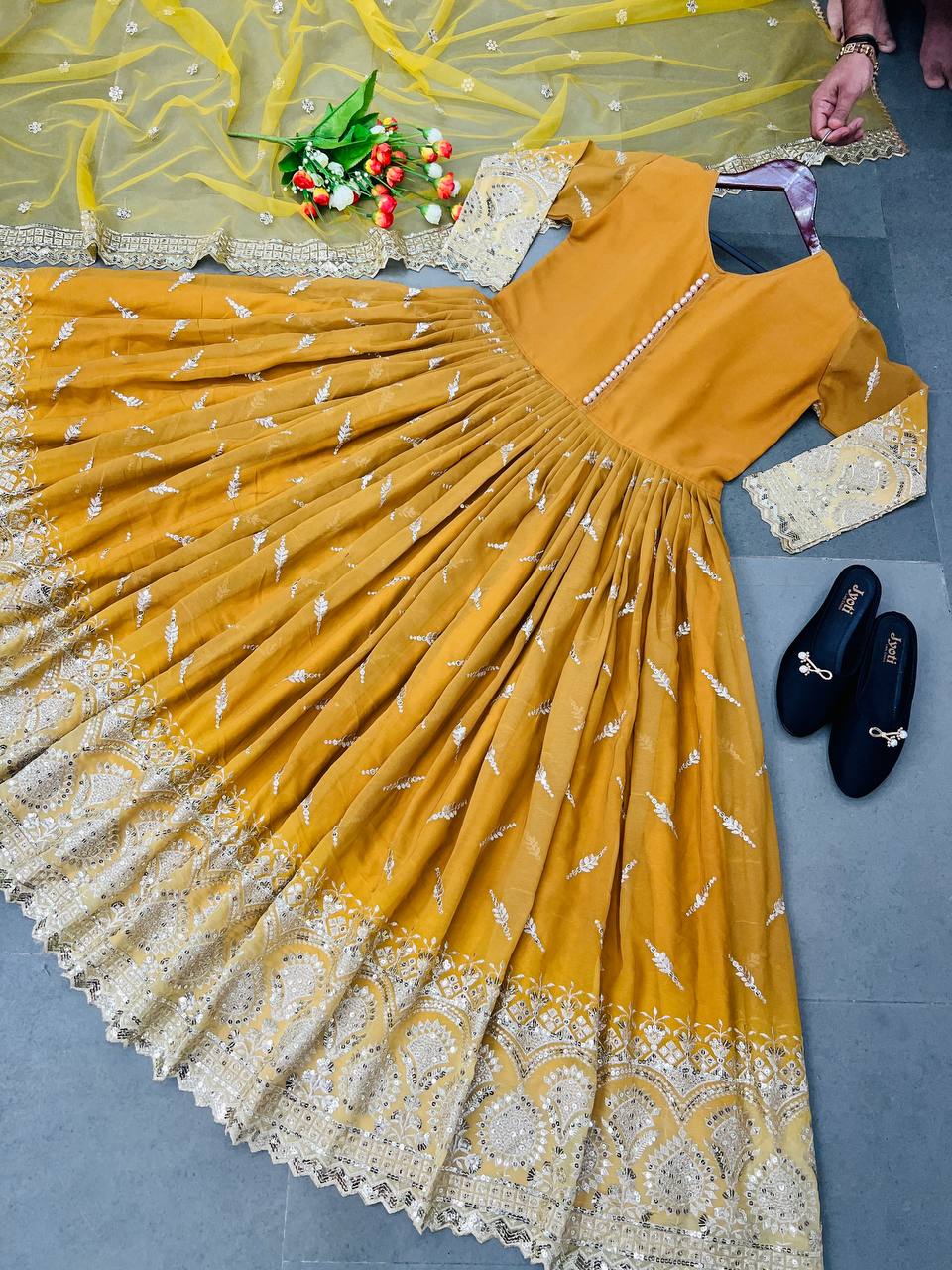 Pretty Yellow Color Embroidery And Sequence Work Gown