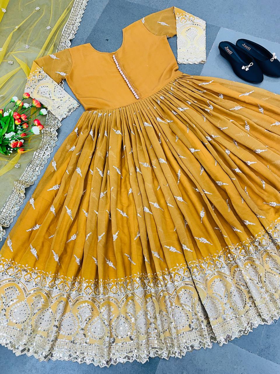 Pretty Yellow Color Embroidery And Sequence Work Gown