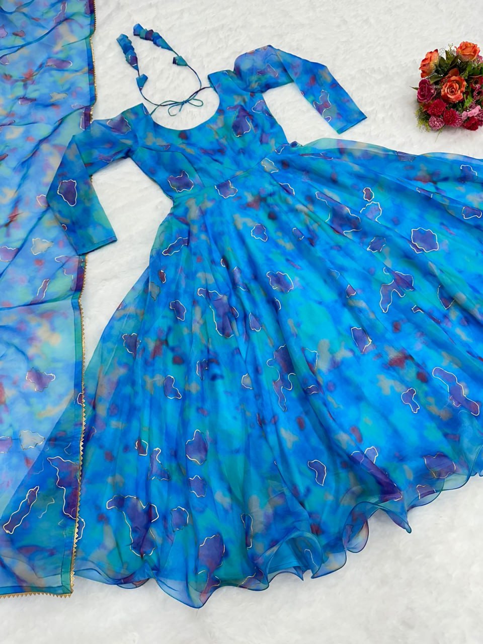 Beautiful Aqua Blue Color Digital Print Gown