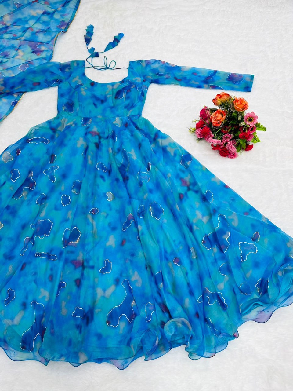 Beautiful Aqua Blue Color Digital Print Gown