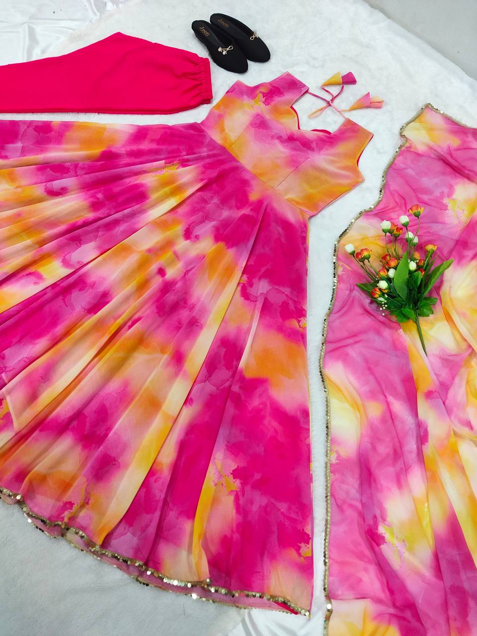 Trendy Pink With Multi Color Shibori Print Gown