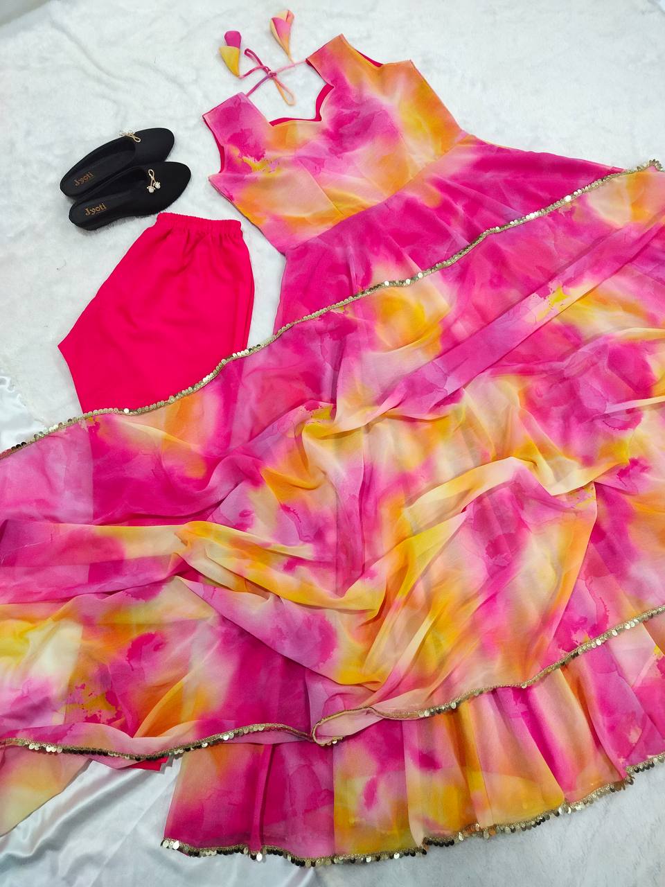 Trendy Pink With Multi Color Shibori Print Gown