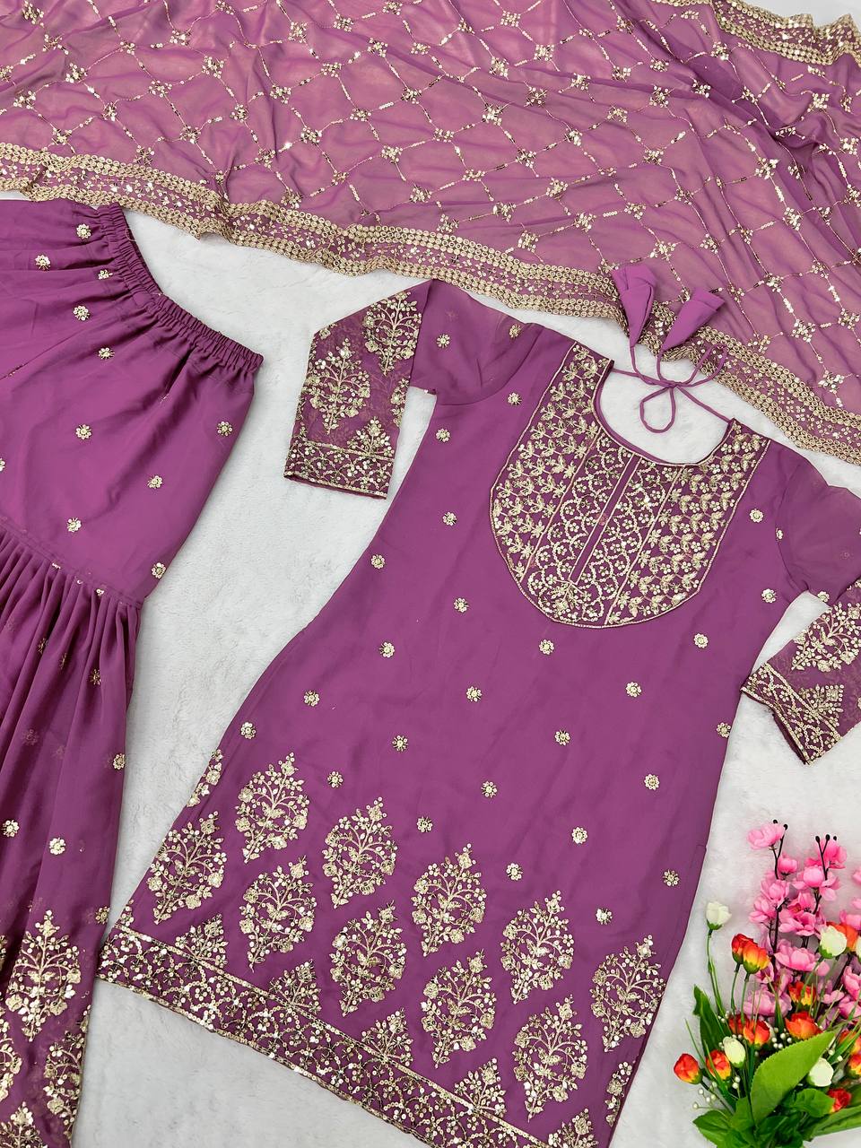 Latest Embroidery With Sequence Work Dusty Pink Color Sharara Suit