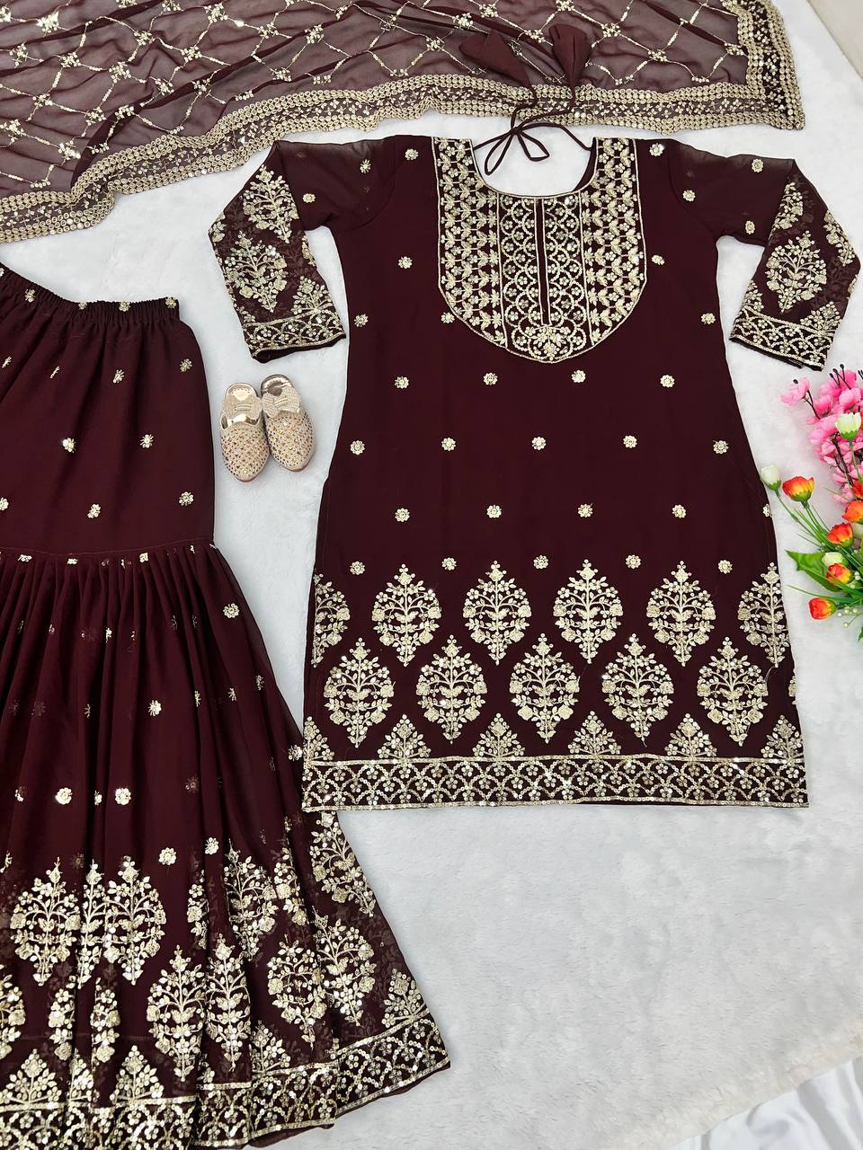 Latest Embroidery With Sequence Work Maroon Color Sharara Suit