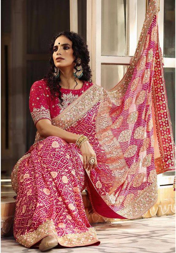 Latest Bandhani Design Pink Color Embroidery Work Saree