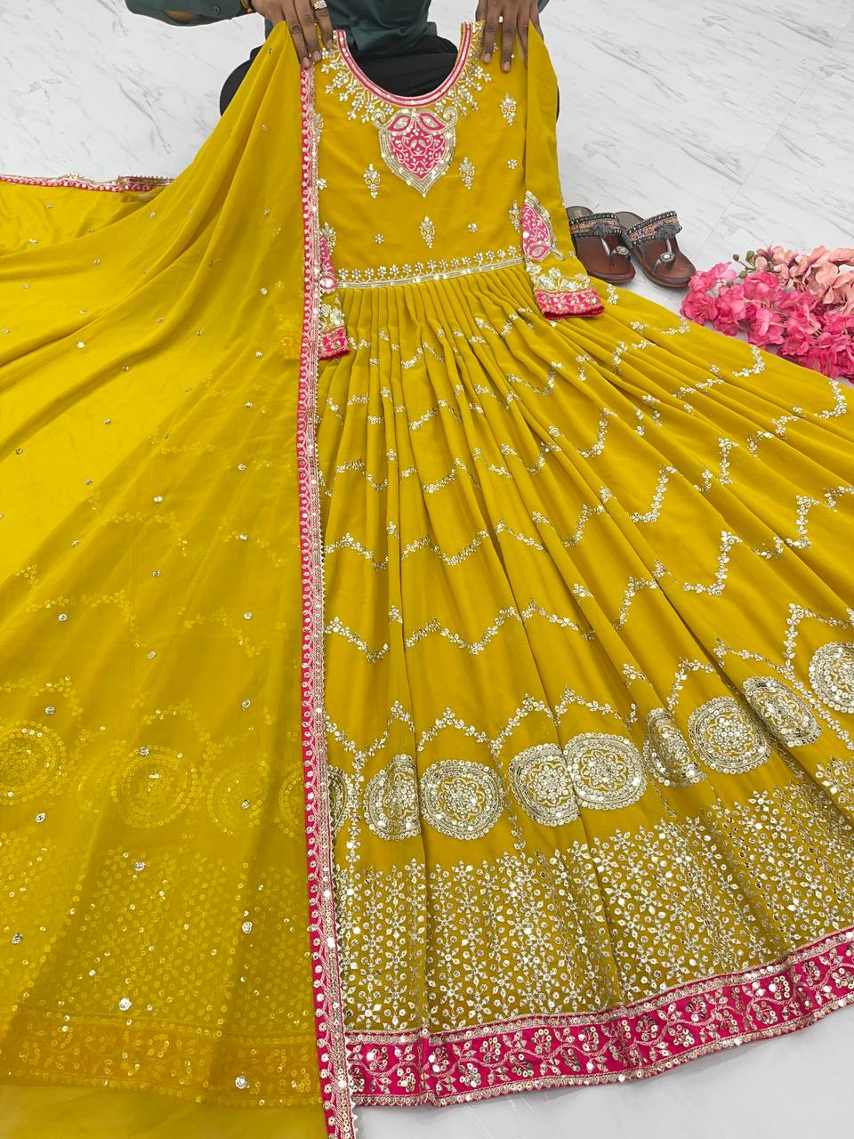 Yellow Color Sequence Work Fancy  Gown