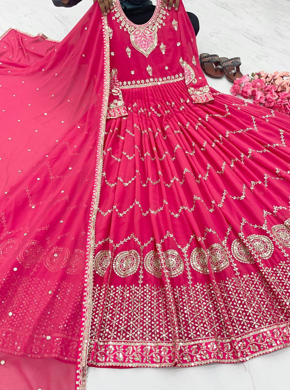 Gorgeous Pink Color Sequence Work Gown