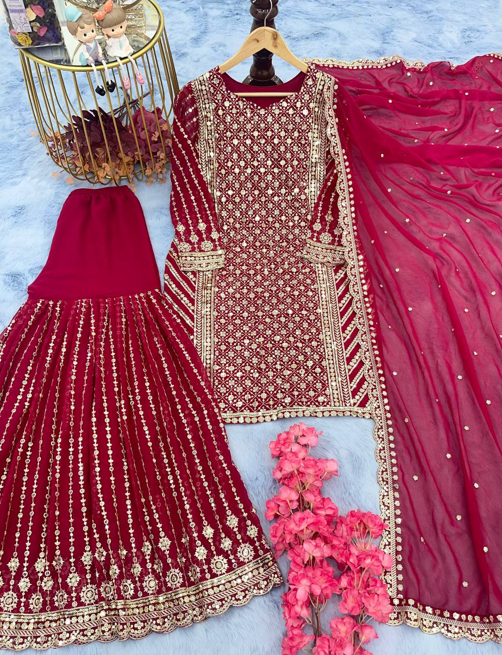Festive Wear Dark Pink Color Sequence Work Sharara Suit