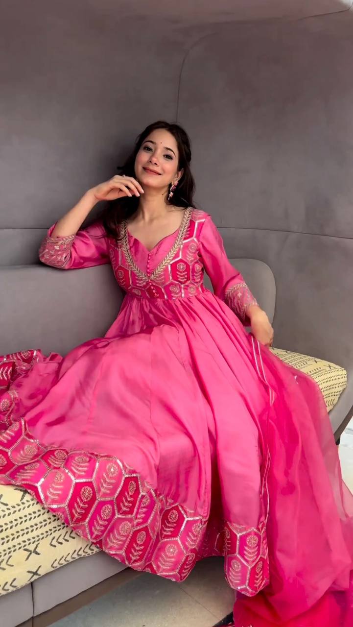 Party Wear Pink Color Embroidery With Sequence Work Anarkali Gown