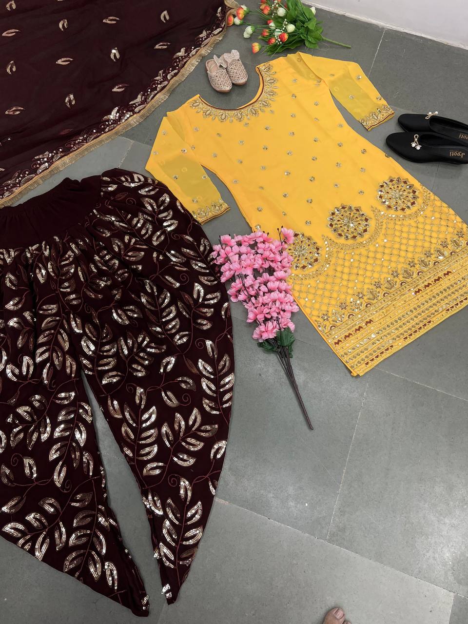 Yellow With Wine Color Sequence Work Top With Dhoti Suit