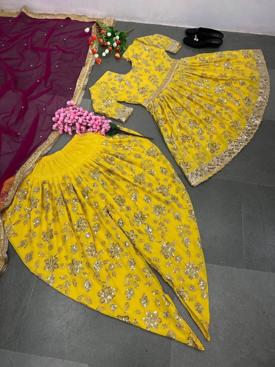 Exclusive Sequence Work Yellow Color Dhoti Suit