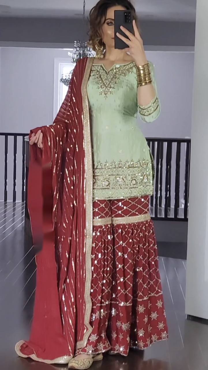 Alluring Sequence Work Pista Top With Maroon Sharara Suit