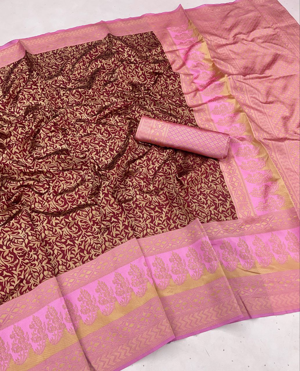 Glossy Maroon Color Soft Banarasi Silk Saree