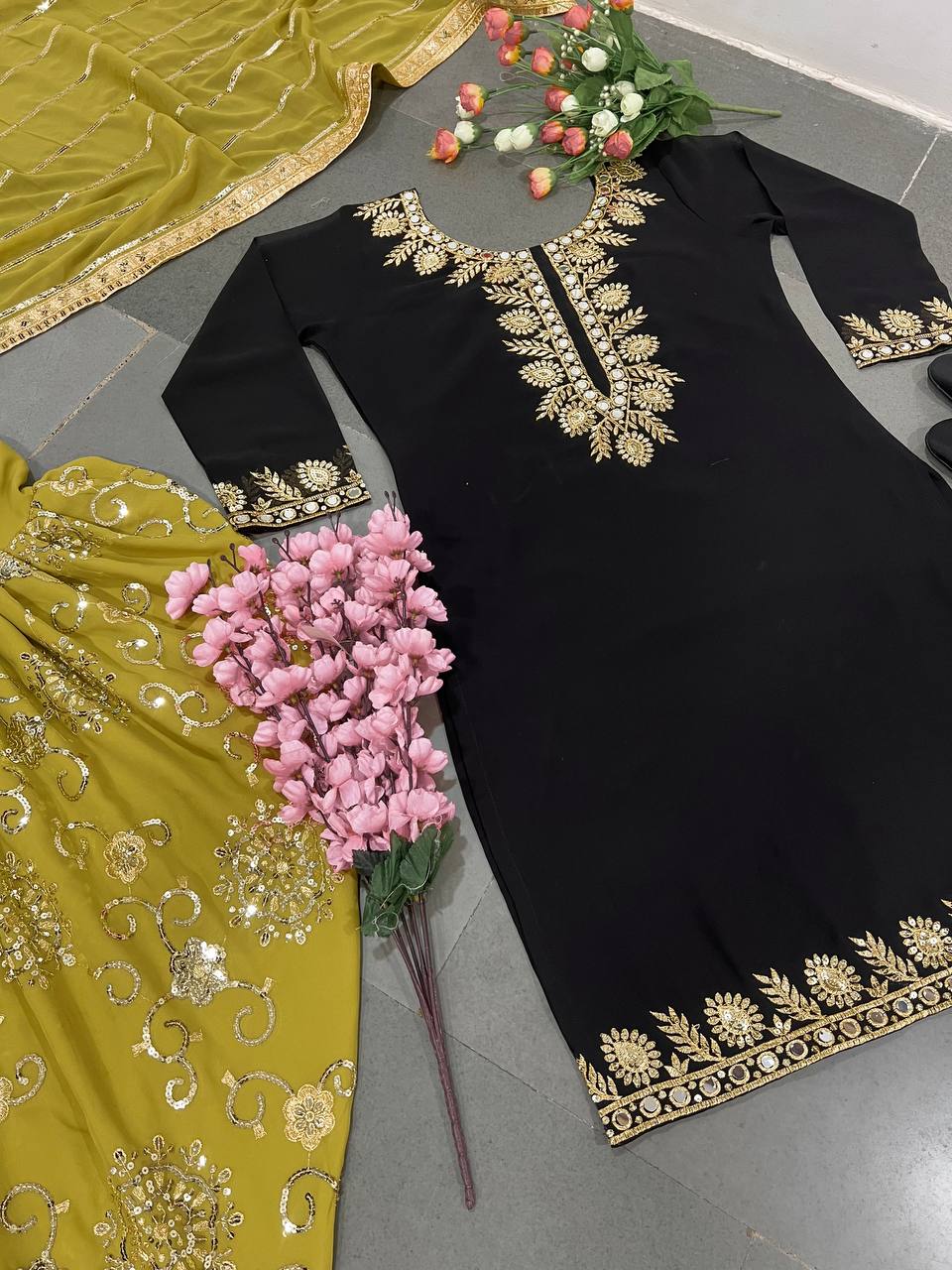 Traditional Wear Black Top With Yellow Dhoti Suit