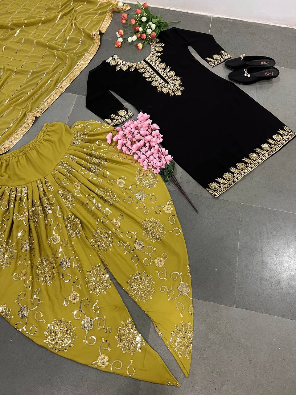 Traditional Wear Black Top With Yellow Dhoti Suit